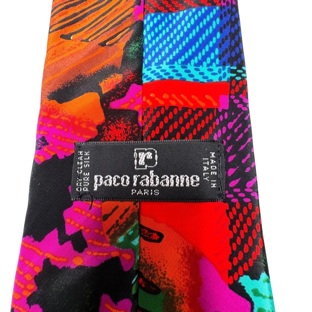 Vtg Paco Rabanne Paris Silk Tie Abstract Geometric Multicolor 90s Made in Italy